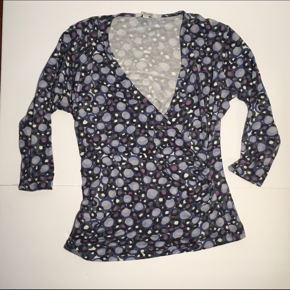 Boden faux wrap top, size 12, circle pattern in black, blue, and purple